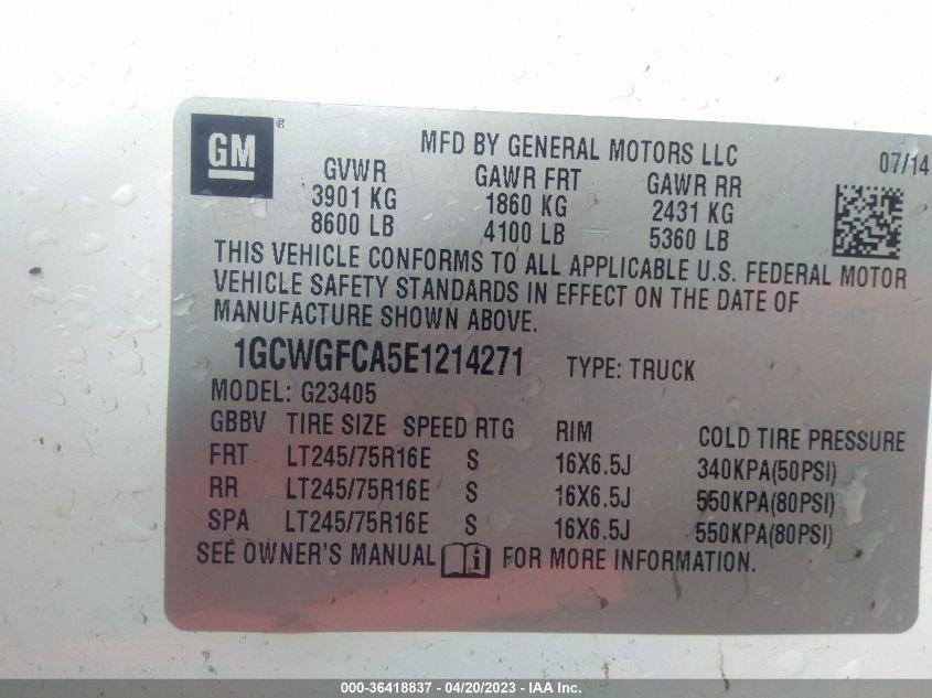 2014 CHEVROLET EXPRESS CARGO VAN - 1GCWGFCA5E1214271
