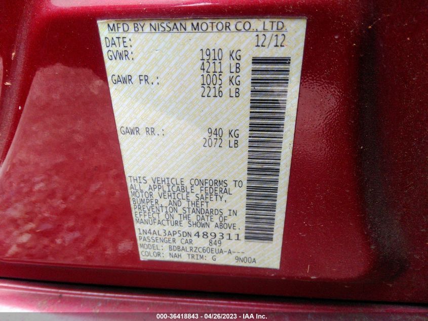 2013 NISSAN ALTIMA 2.5 S - 1N4AL3AP5DN489311