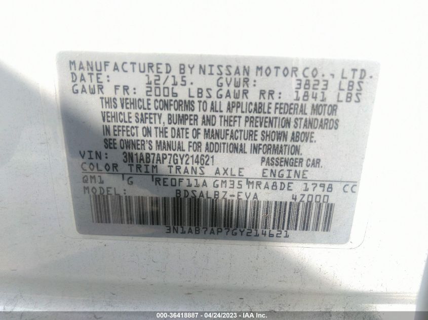 2016 NISSAN SENTRA S - 3N1AB7AP7GY214621