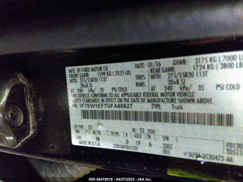 2016 FORD F-150 XLT/XL/LARIAT/PLATINUM - 1FTEW1EF7GFA85627