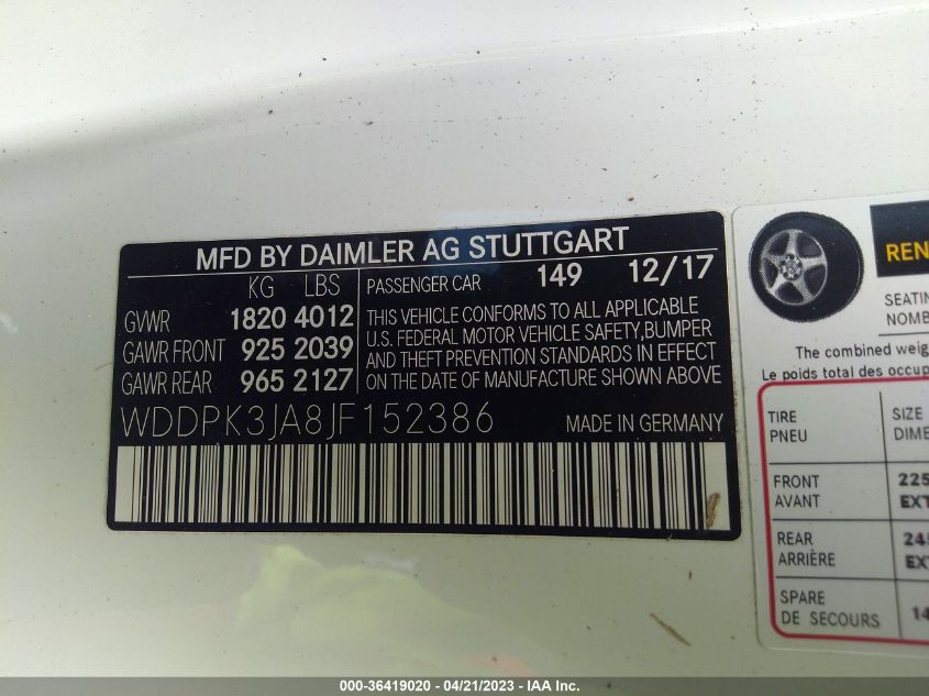 2018 MERCEDES-BENZ SLC SLC 300 - WDDPK3JA8JF152386