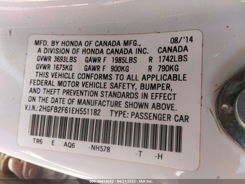 2014 HONDA CIVIC SEDAN HF - 2HGFB2F61EH551182