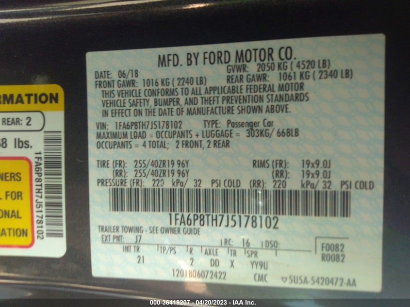 VIN 1FA6P8TH7J5178102 2018 FORD MUSTANG ECOBOOST
