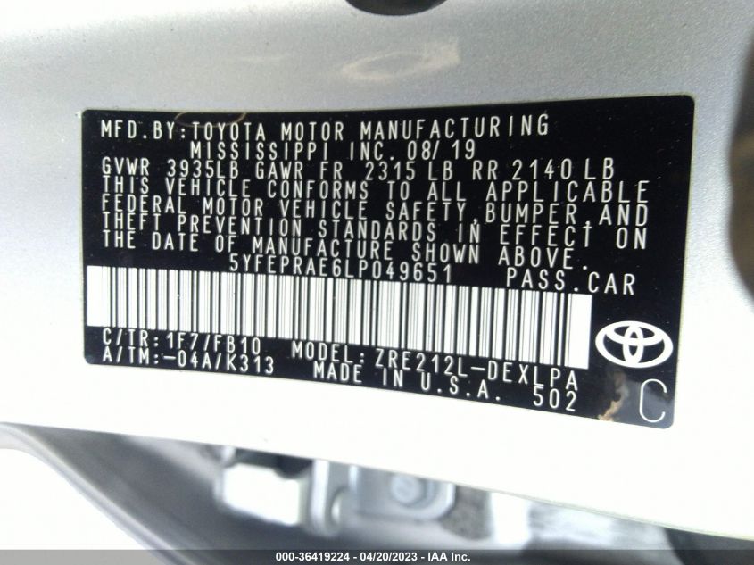 2020 TOYOTA COROLLA LE - 5YFEPRAE6LP049651