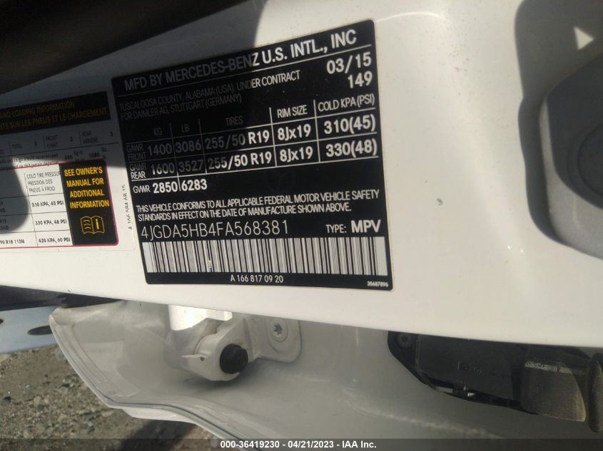 2015 MERCEDES-BENZ M-CLASS ML 350 - 4JGDA5HB4FA568381