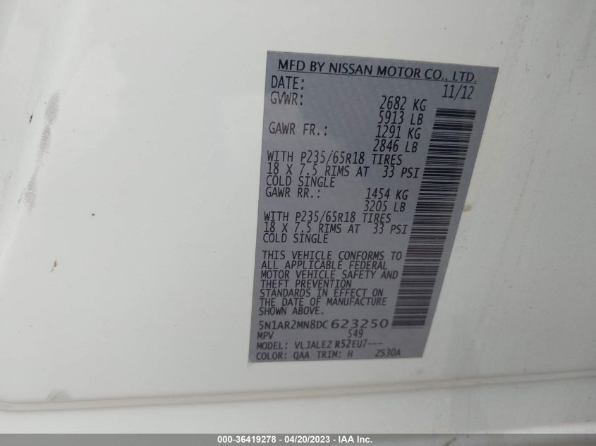 2013 NISSAN PATHFINDER S/SV/SL/PLATINUM - 5N1AR2MN8DL623256
