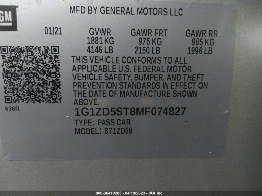 2021 CHEVROLET MALIBU LT - 1G1ZD5ST8MF074827