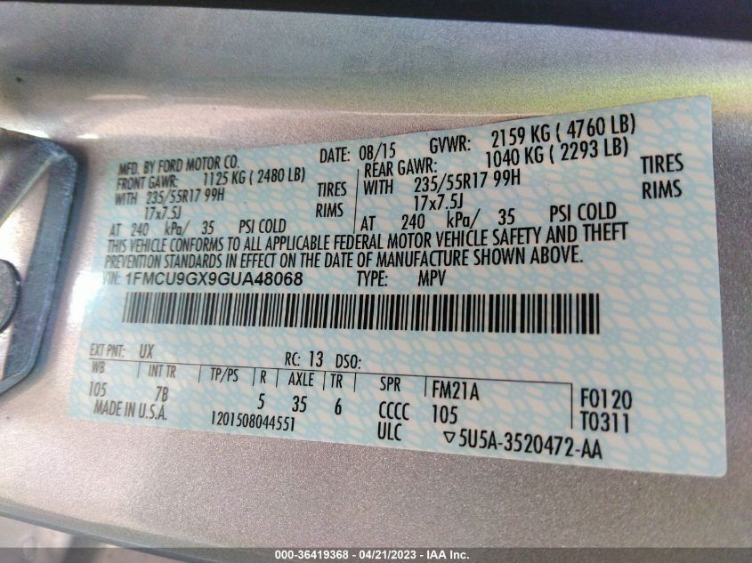 2016 FORD ESCAPE SE - 1FMCU9GX9GUA48068