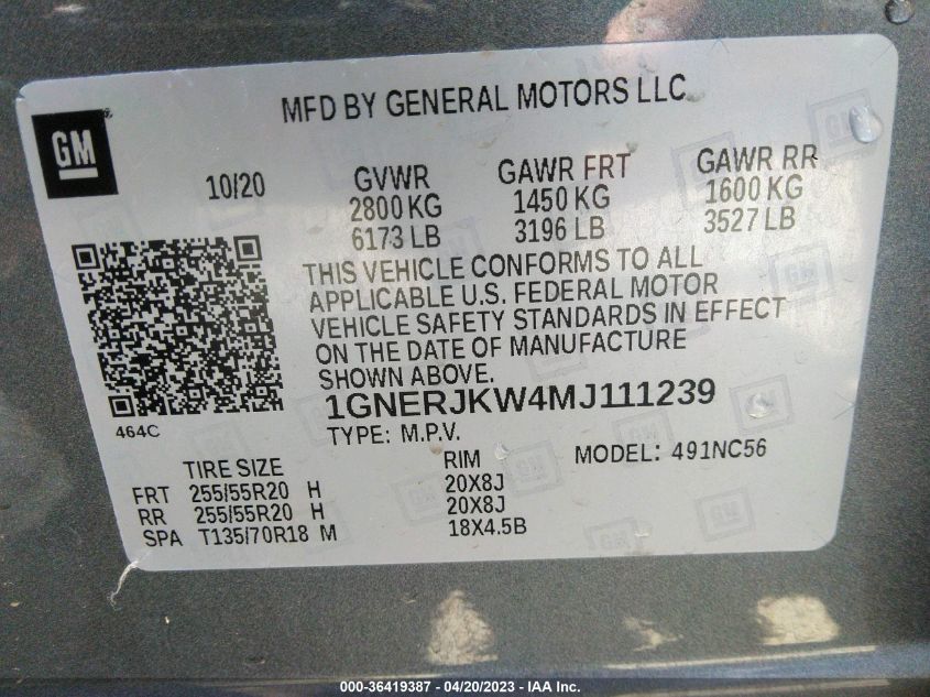 2021 CHEVROLET TRAVERSE RS - 1GNERJKW4MJ111239