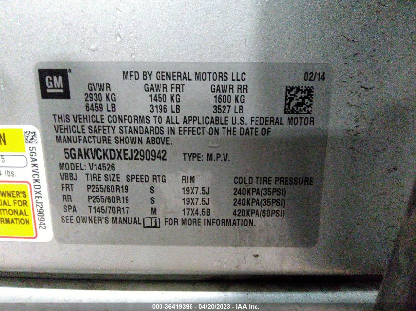 2014 BUICK ENCLAVE PREMIUM - 5GAKVCKDXEJ290942
