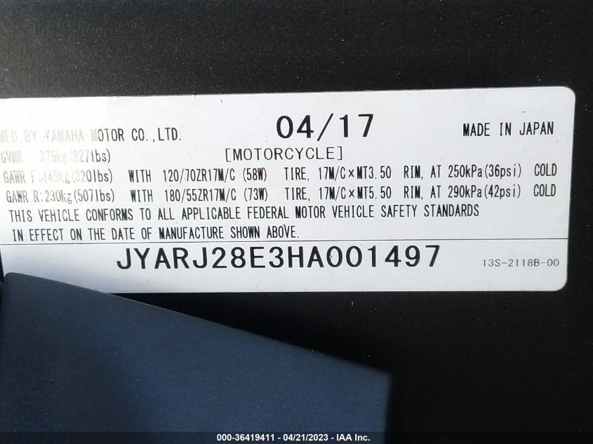2017 YAMAHA YZFR6 JYARJ28E3HA001497