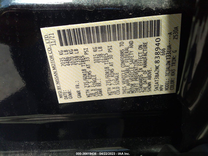 VIN 5N1AT3BA2MC838940 2021 NISSAN ROGUE SV