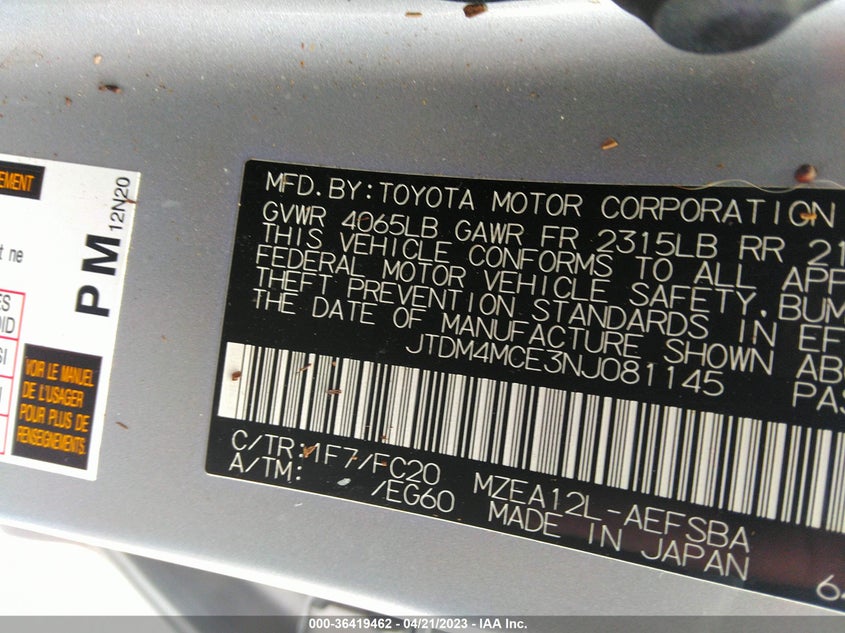 VIN JTDM4MCE3NJ081145 2022 TOYOTA COROLLA SE