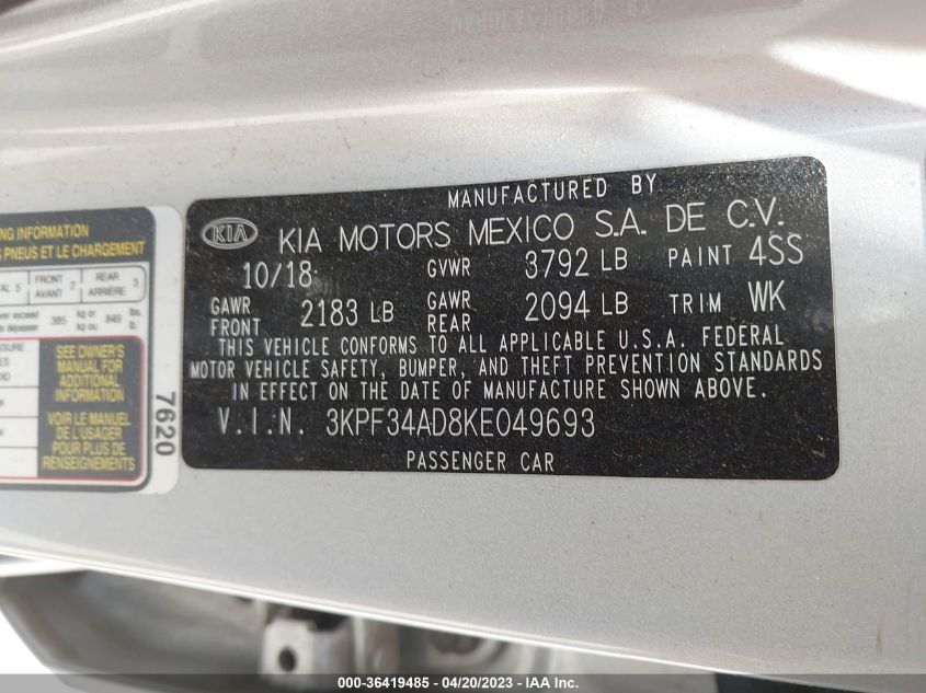 2019 KIA FORTE S - 3KPF34AD8KE049693