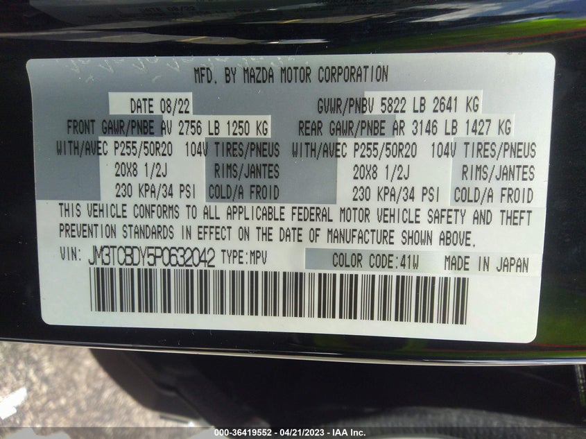 VIN JM3TCBDY5P0632042 2023 MAZDA CX-9 GRAND TOURING