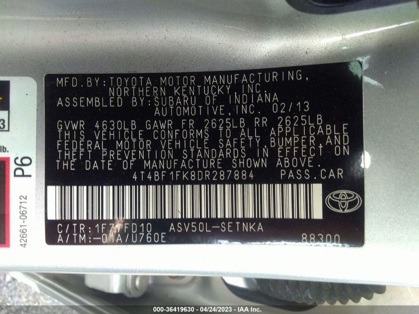 2013 TOYOTA CAMRY L/LE/SE/XLE - 4T4BF1FK8DR287884