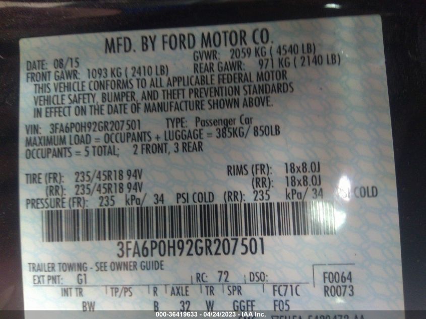 2016 FORD FUSION SE - 3FA6P0H92GR207501