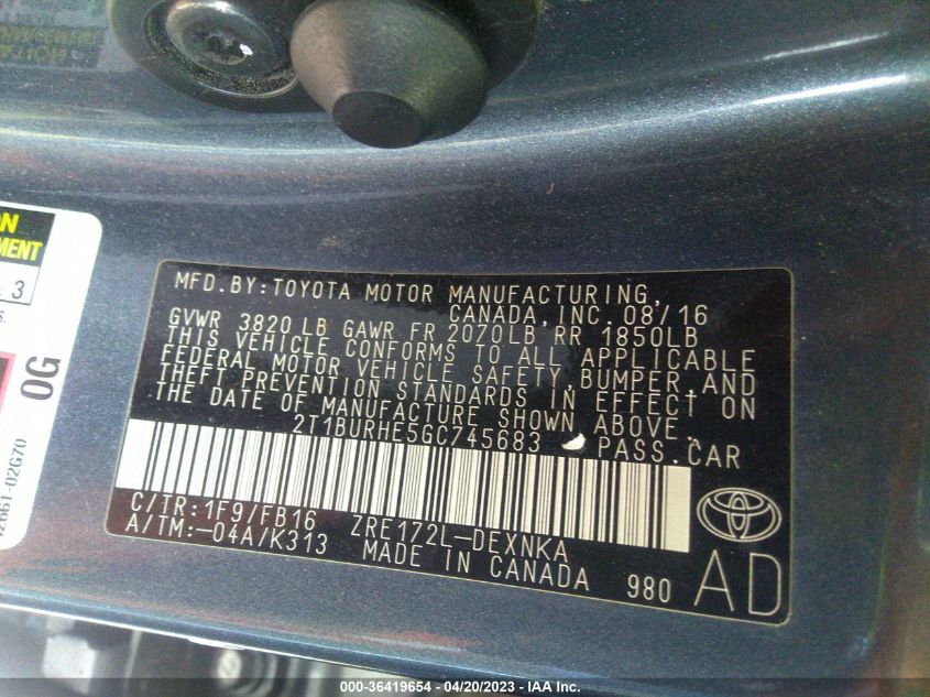 2016 TOYOTA COROLLA L/LE/S/S PLUS/LE PLUS - 2T1BURHE5GC745683