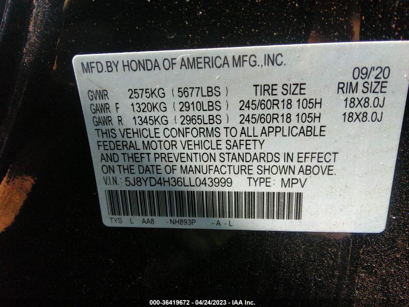 2020 ACURA MDX - 5J8YD4H36LL043999