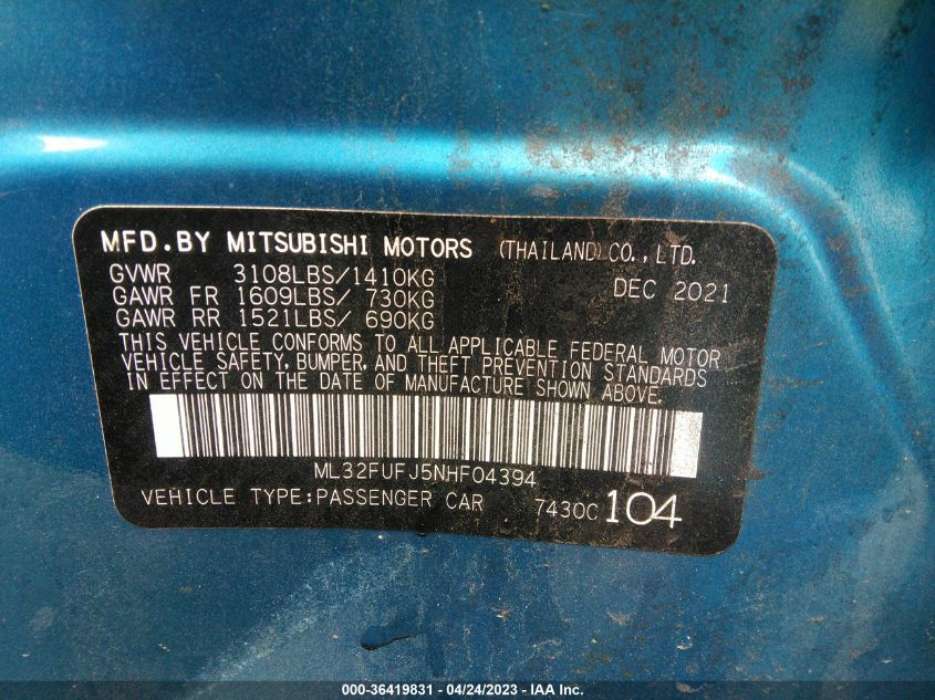 2022 MITSUBISHI MIRAGE G4 ES/LE/BLACK EDITION - ML32FUFJ5NHF04394