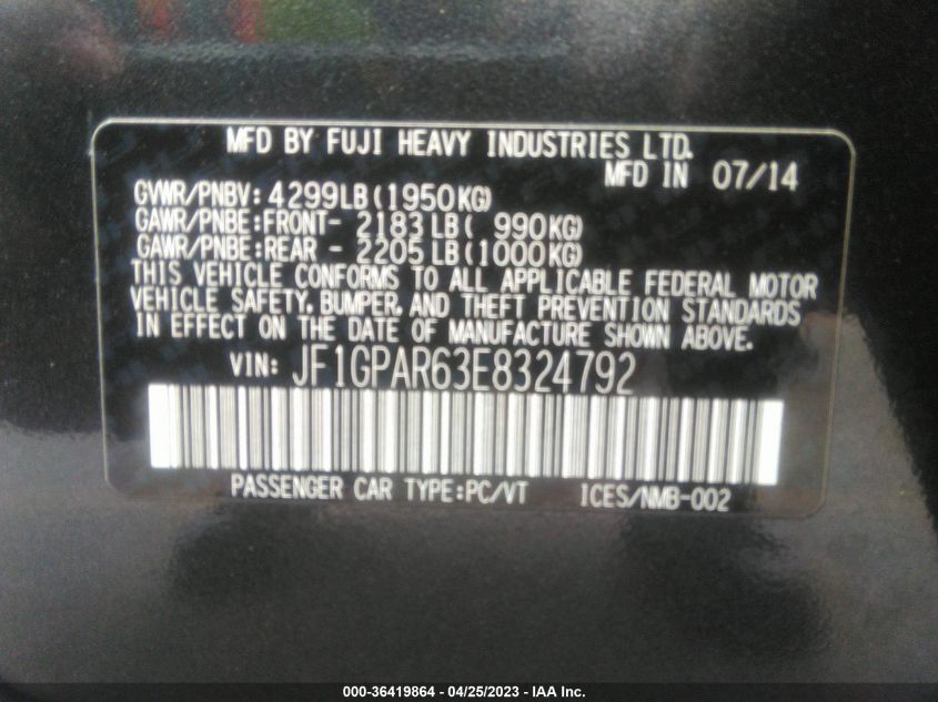 2014 SUBARU IMPREZA WAGON 2.0I SPORT LIMITED - JF1GPAR63E8324792