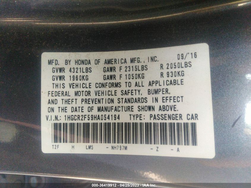 2017 HONDA ACCORD SEDAN SPORT - 1HGCR2F59HA054194