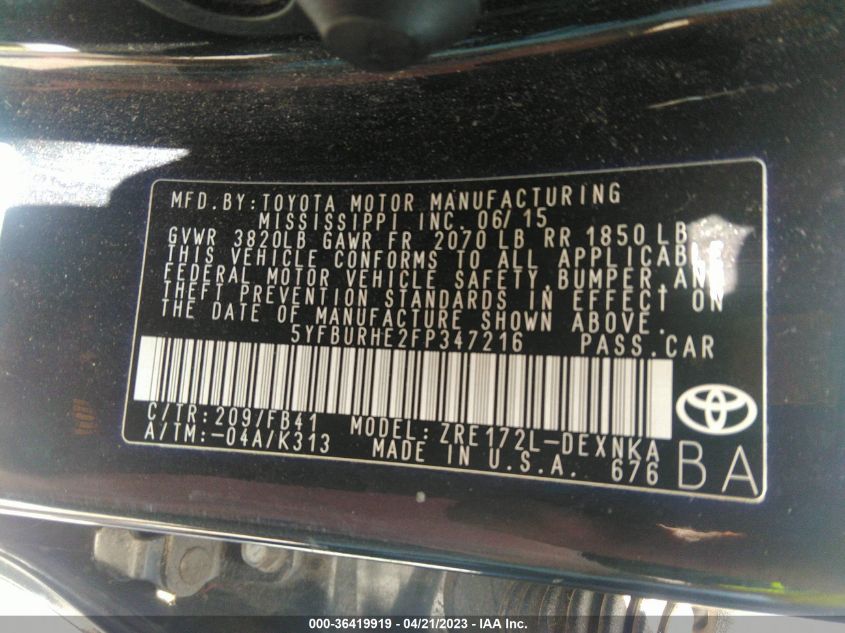 2015 TOYOTA COROLLA LE - 5YFBURHE2FP347216