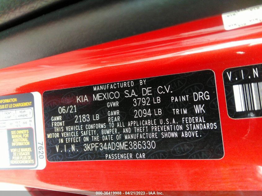2021 KIA FORTE GT-LINE - 3KPF34AD9ME386330
