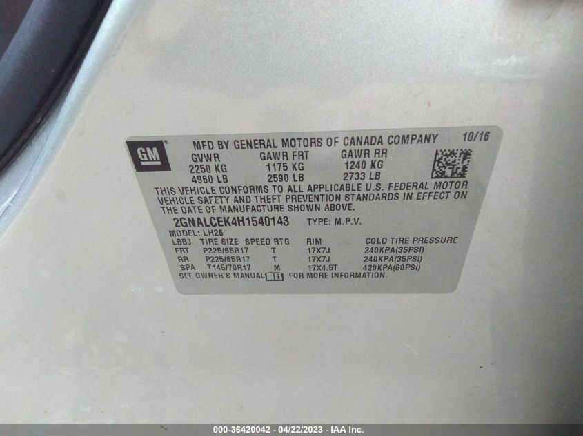 2017 CHEVROLET EQUINOX LT - 2GNALCEK4H1540143
