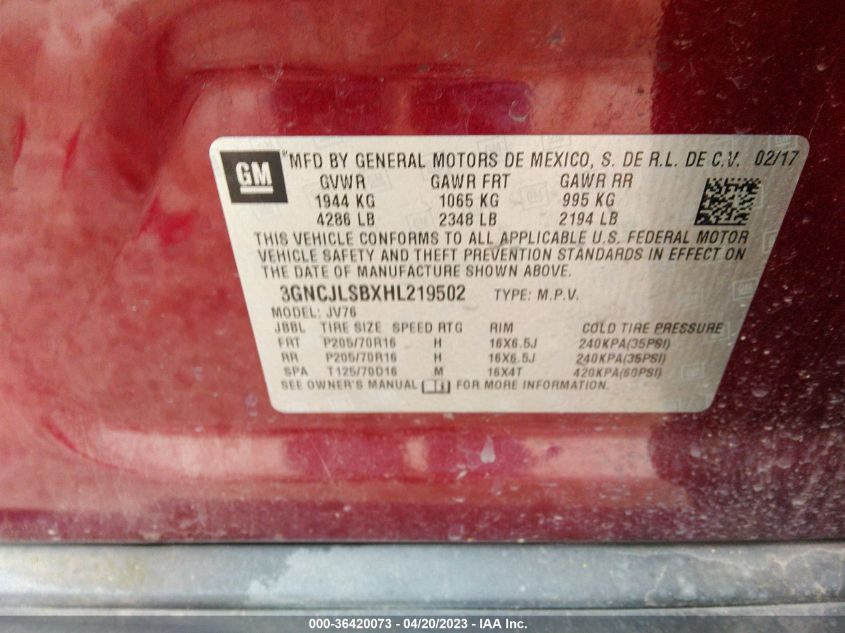 2017 CHEVROLET TRAX LT - 3GNCJLSBXHL219502
