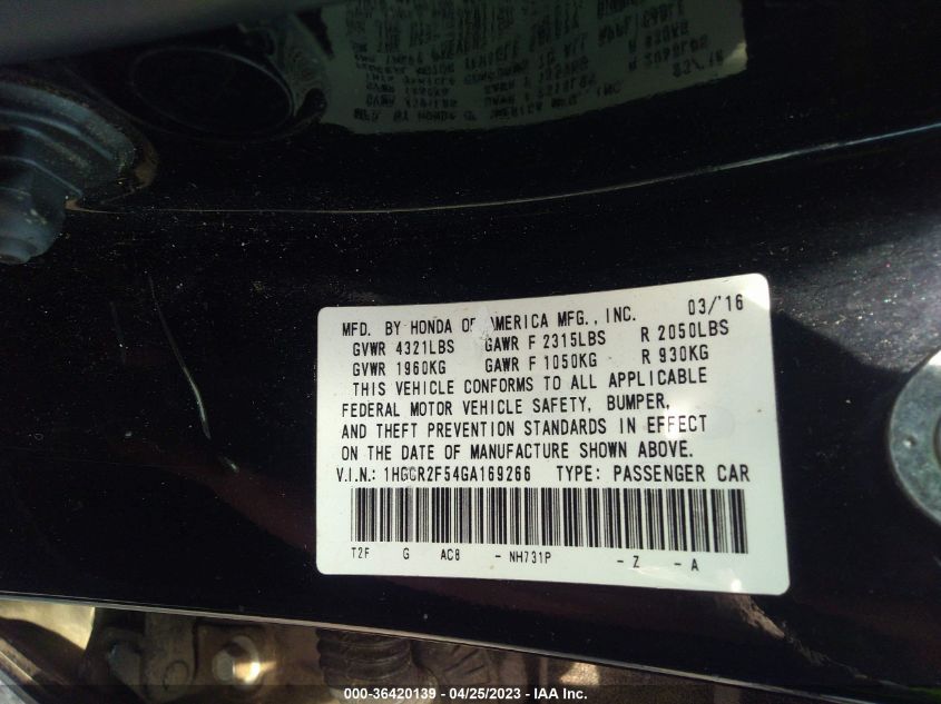 2016 HONDA ACCORD SEDAN SPORT - 1HGCR2F54GA169266
