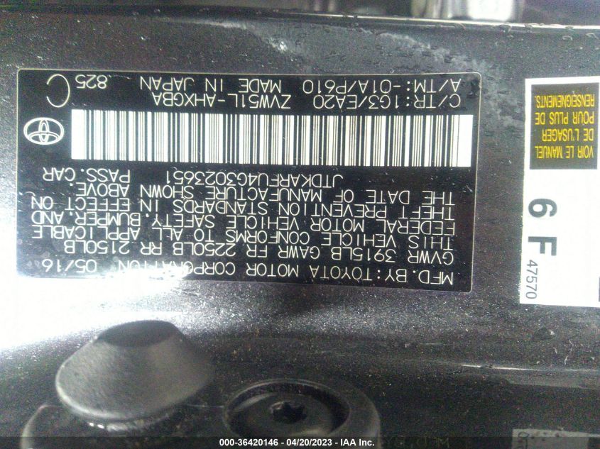 2016 TOYOTA PRIUS FOUR - JTDKARFU4G3023651