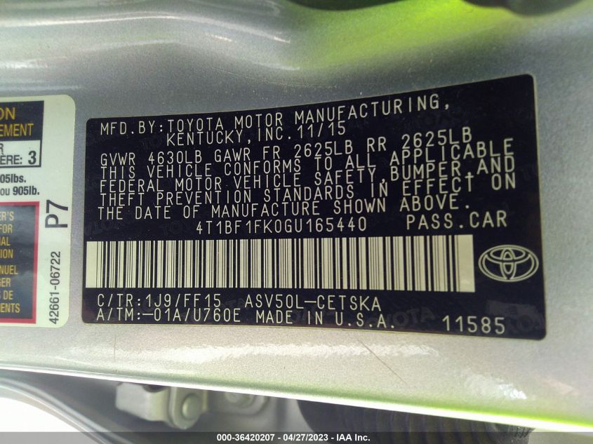 2016 TOYOTA CAMRY XLE/SE/LE/XSE - 4T1BF1FK0GU165440