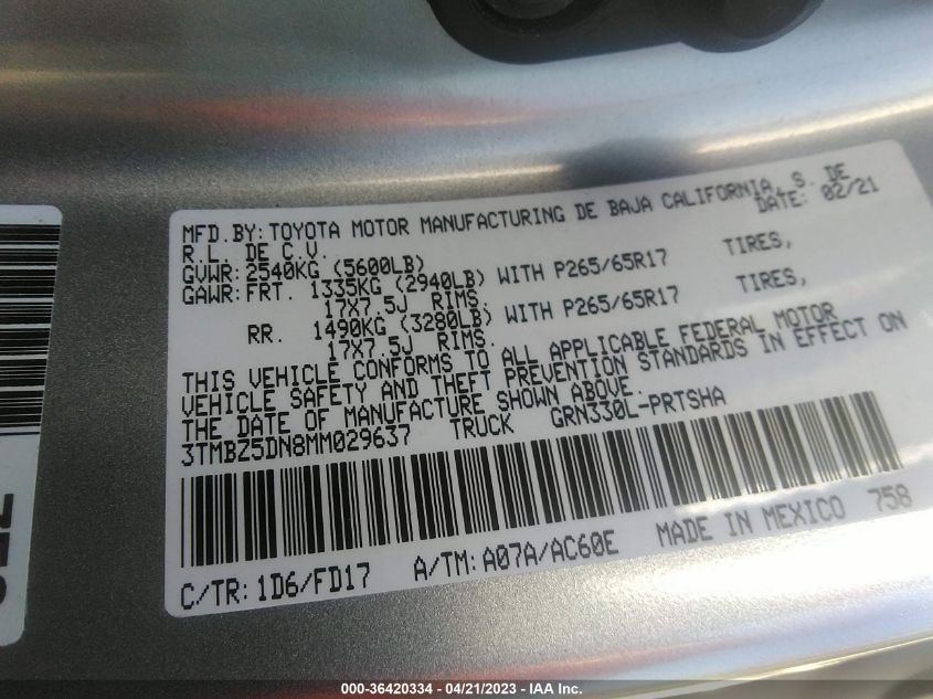 2021 TOYOTA TACOMA 2WD SR5/TRD SPORT - 3TMBZ5DN8MM029637