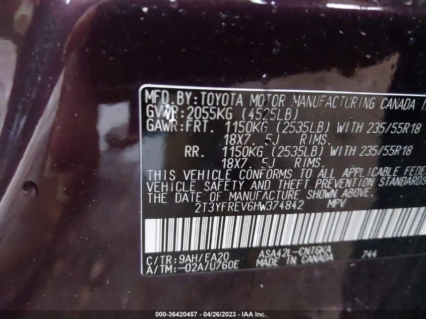 2017 TOYOTA RAV4 LIMITED - 2T3YFREV6HW374842