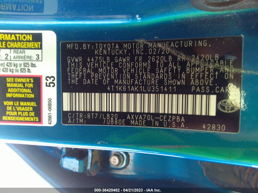 2020 TOYOTA CAMRY XSE - 4T1K61AK1LU351411