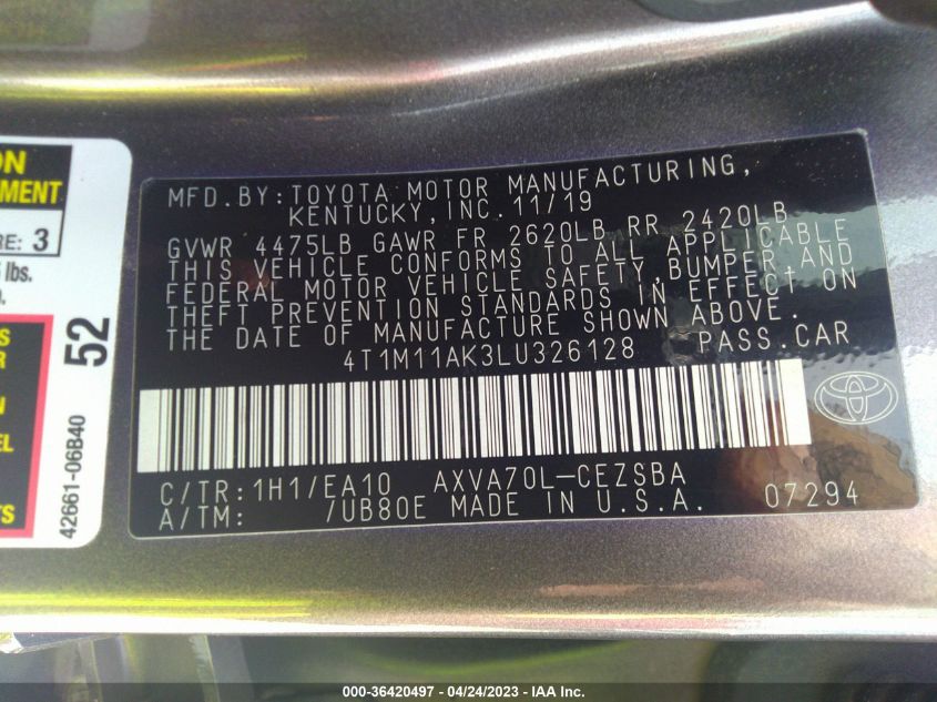 2020 TOYOTA CAMRY SE - 4T1M11AK3LU326128
