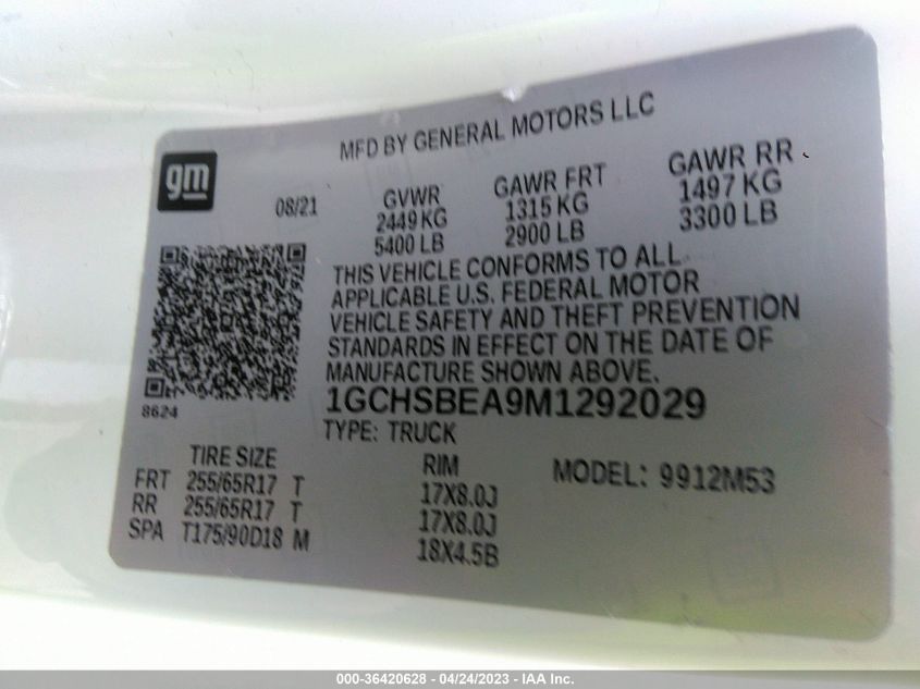 2021 CHEVROLET COLORADO 2WD WORK TRUCK - 1GCHSBEA9M1292029