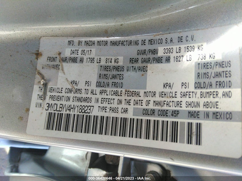 VIN 3MYDLBYV4HY188237 2017 TOYOTA YARIS IA