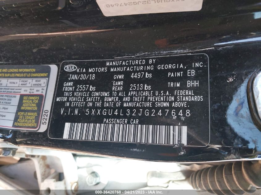 2018 KIA OPTIMA EX - 5XXGU4L32JG247648