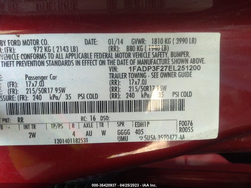 2014 FORD FOCUS SE - 1FADP3F27EL251200