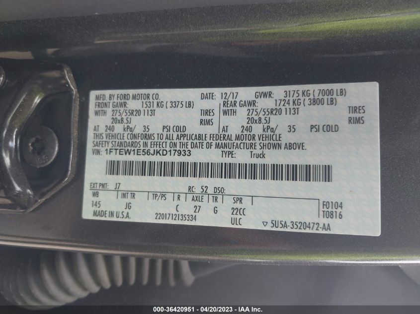2018 FORD F-150 XL/XLT/LARIAT - 1FTEW1E56JKD17933