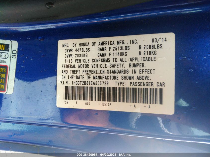 2014 HONDA ACCORD COUPE EX-L - 1HGCT2B81EA005729