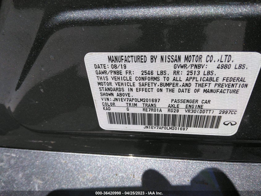 VIN JN1EV7AP0LM201697 2020 INFINITI Q50 3.0T LUXE