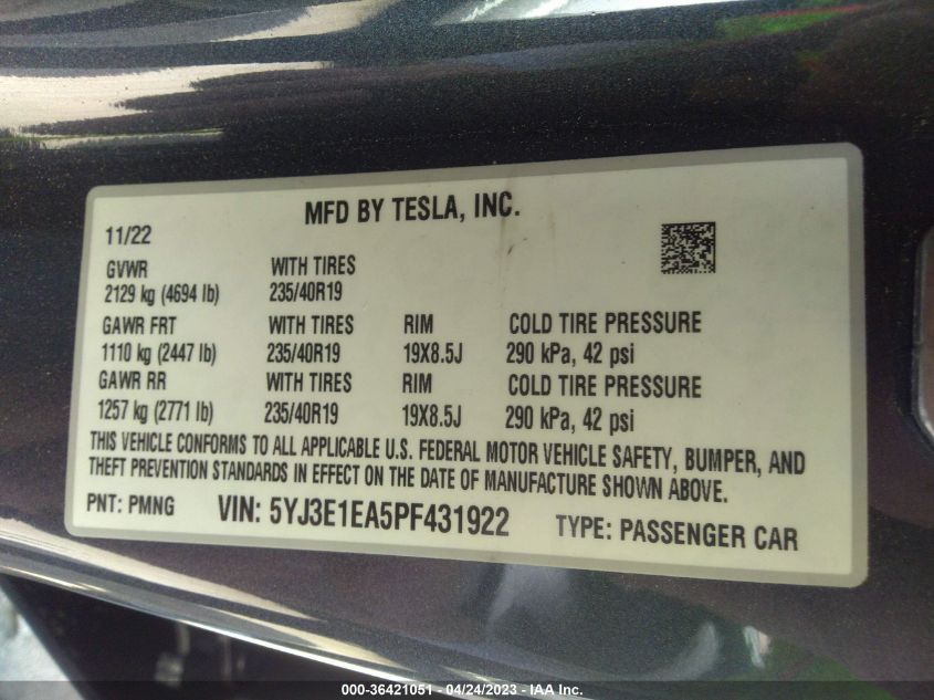 2023 TESLA MODEL 3 - 5YJ3E1EA5PF431922