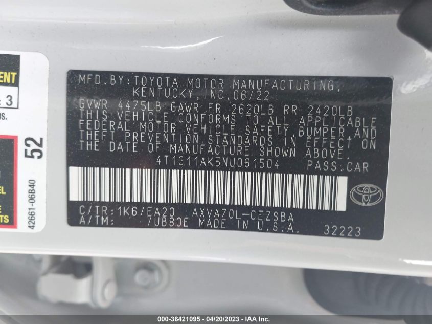 2022 TOYOTA CAMRY SE - 4T1G11AK5NU061504