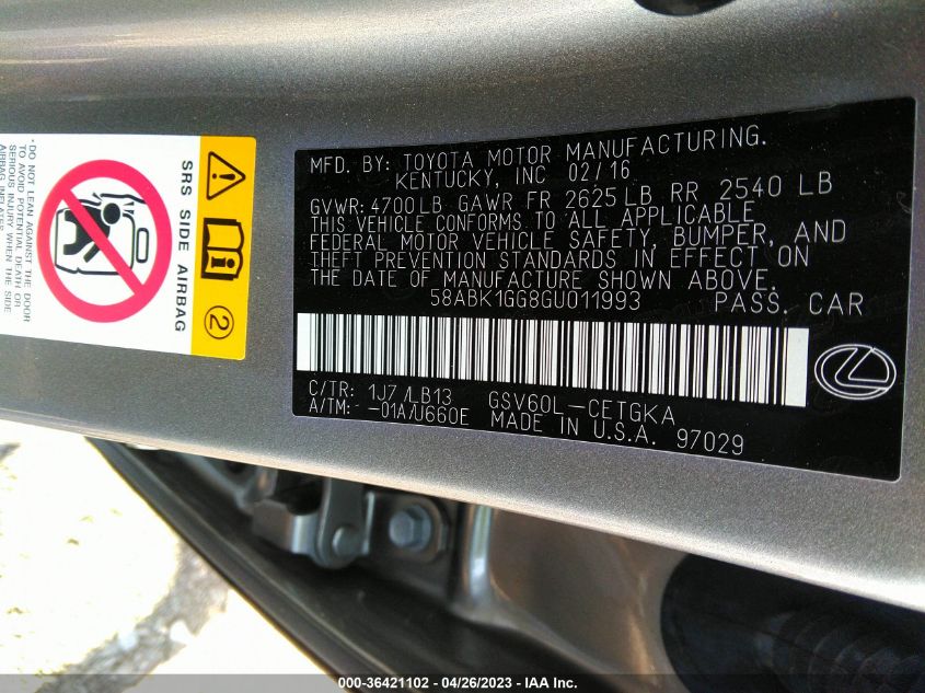 2016 LEXUS ES 350 - 58ABK1GG8GU011993