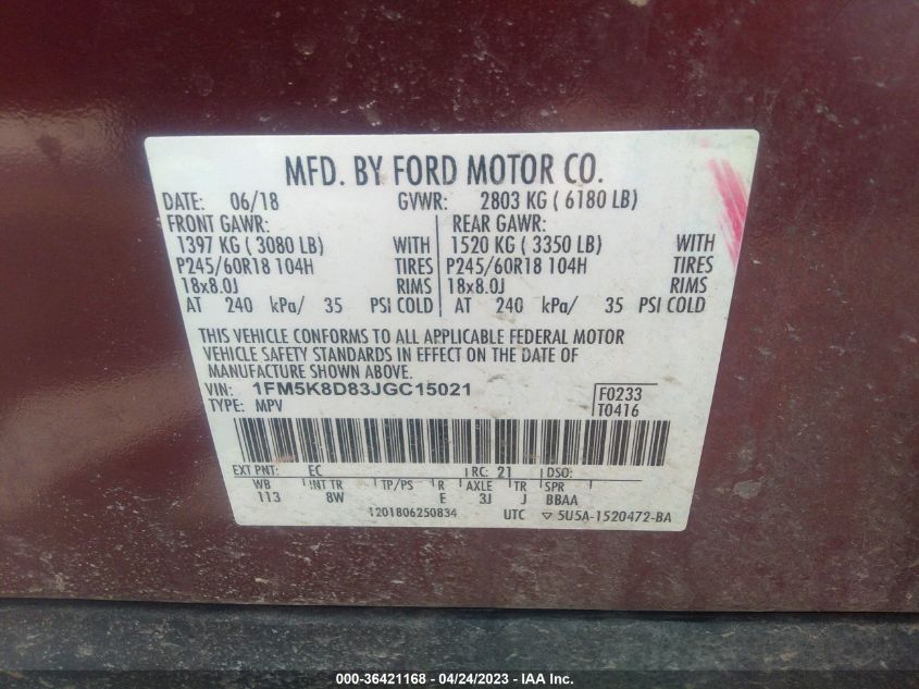 2018 FORD EXPLORER XLT - 1FM5K8D83JGC15021