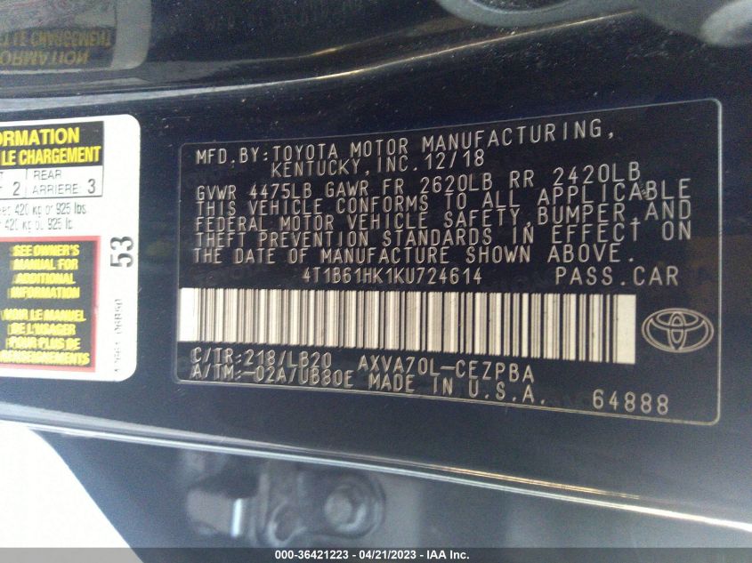 2019 TOYOTA CAMRY XSE - 4T1B61HK1KU724614