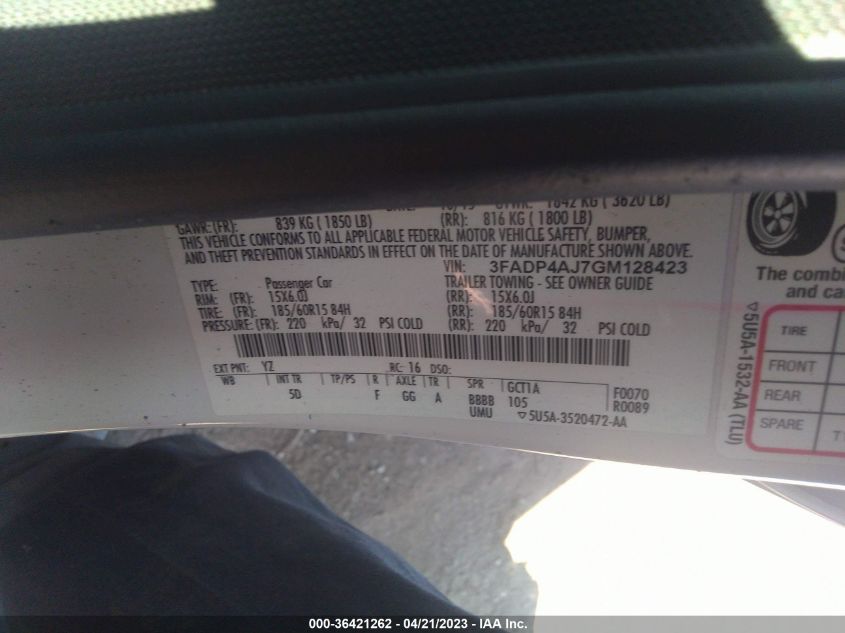 2016 FORD FIESTA S - 3FADP4AJ7GM128423
